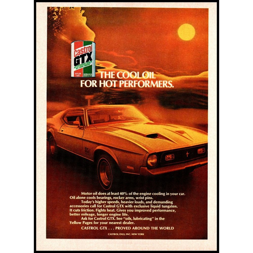 1971 Castrol GTX Motor Oil Ford Mustang Mach 1 Vintage Print Ad Sunset Wall Art